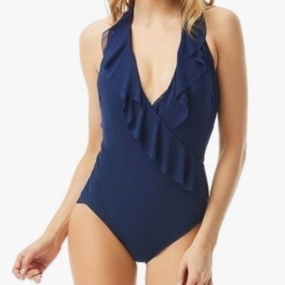 Carmen Marc Valvo one piece bathing swim suit hot pink ruffle Barbiecore size 6 - Picture 9 of 9